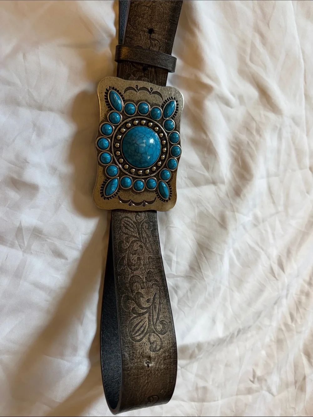 Howlite Turquoise Buckle Faux Leather Belt